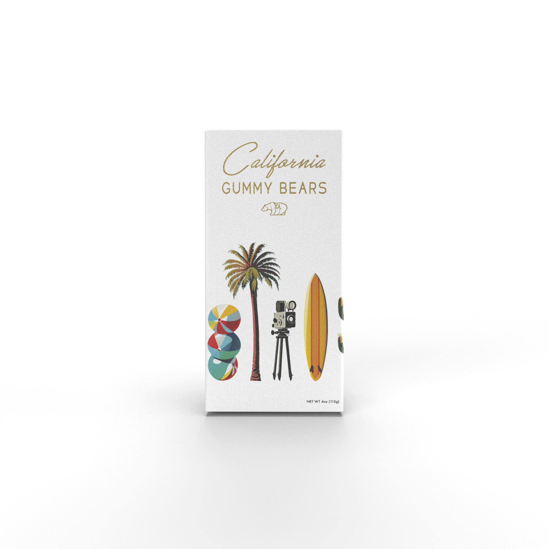 A package of Cali Bears gummy bears featuring a white background with a graphic of a surfer and a palm tree, indicating a limited edition California-themed collection.