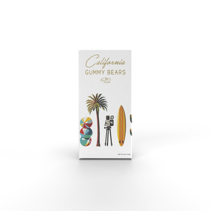 A package of Cali Bears gummy bears featuring a white background with a graphic of a surfer and a palm tree, indicating a limited edition California-themed collection.