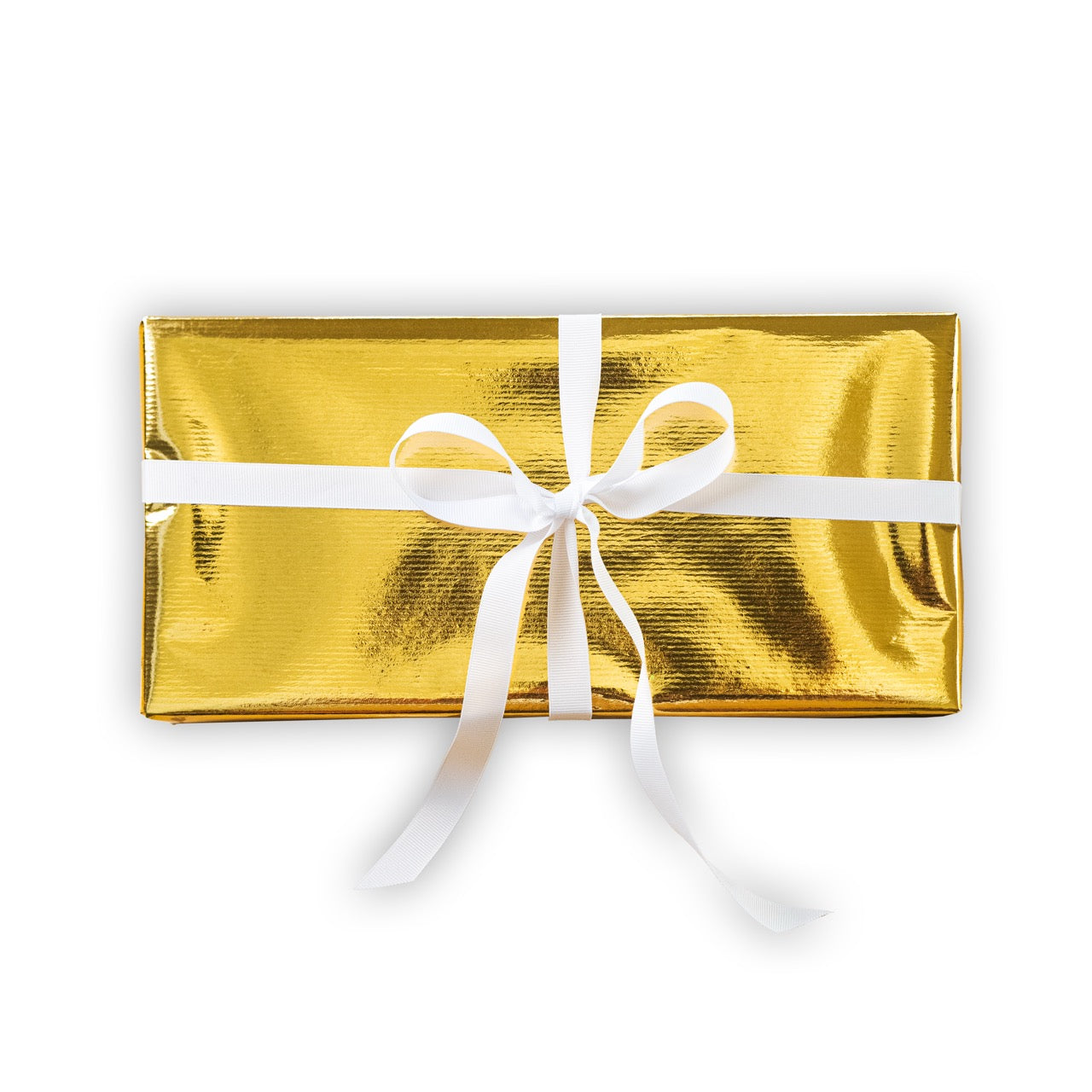 Gold gift wrap with a white ribbon on a white background